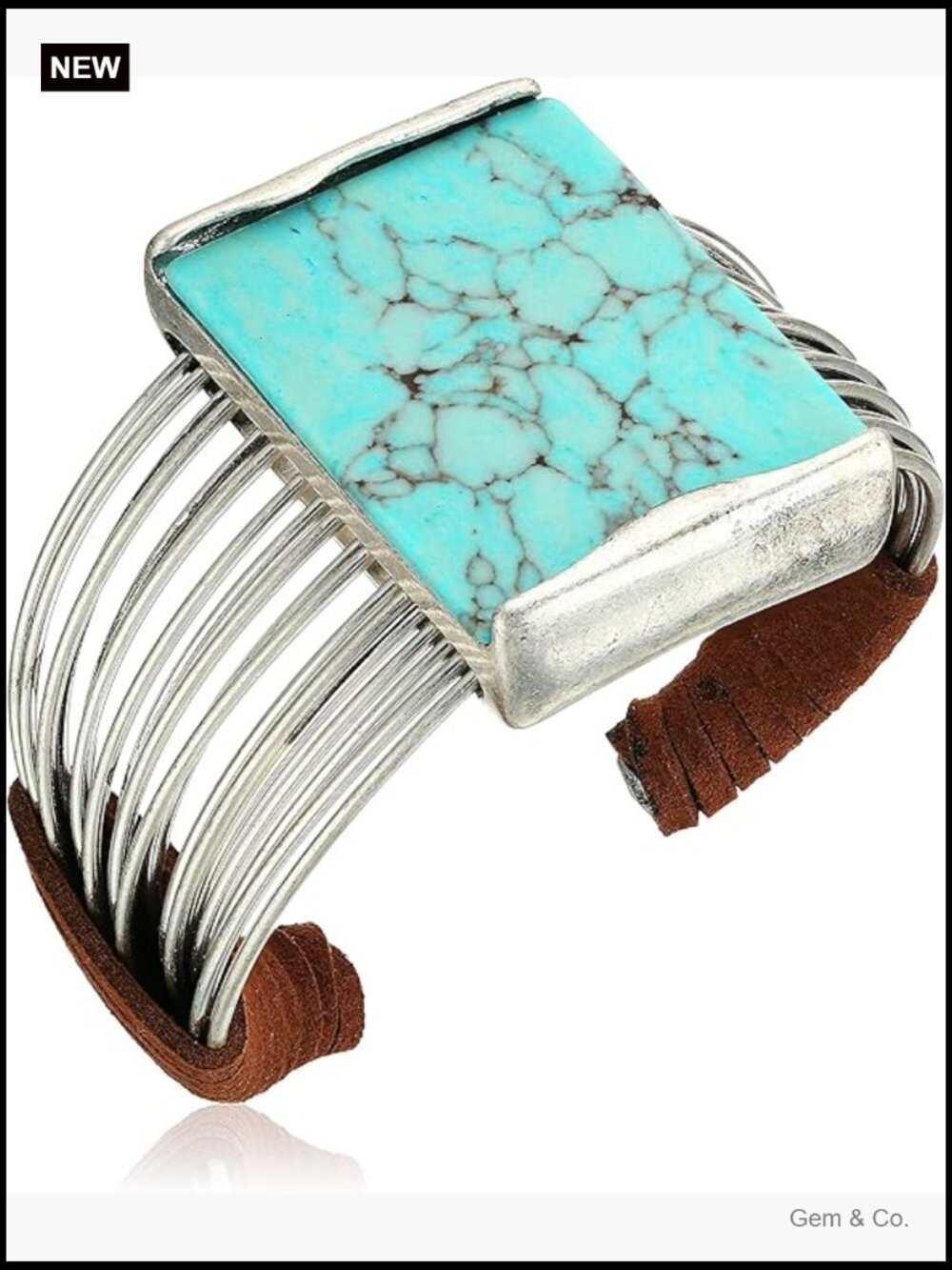 Turquoise Stone Cuff Bracelet Silver-Tone Metal Suede Slip-On - Picture 1 of 3